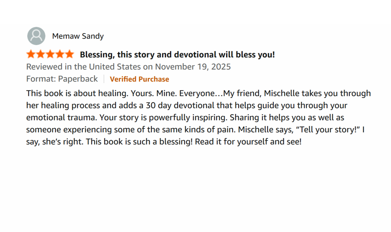The story within you book sandy review expansion The story within you book sandy review expansion This book is about healing. Yours. Mine. Everyone…My friend, Mischelle takes you through her healing process and adds a 30 day devotional that helps guide you through your emotional trauma. Your story is powerfully inspiring. Sharing it helps you as well as someone experiencing some of the same kinds of pain. Mischelle says, “Tell your story!” I say, she’s right. This book is such a blessing! Read it for yourself and see!
